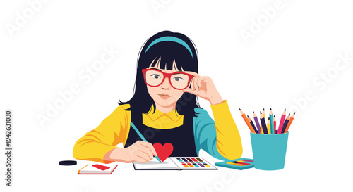 Inspiring cartoon illustration of a young girl with red glasses and dark hair drawing a heart in her notebook surrounded by art supplies.