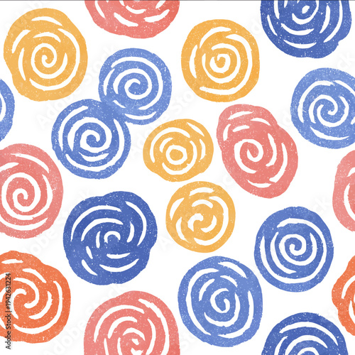 isolated clipart image of watercolor geometric spirals flowers red blue yellow handpainted repetitive pattern linocut vector icon monochrome simple logo fo