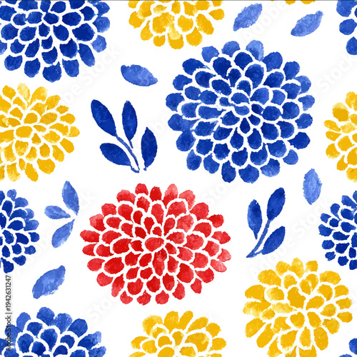 isolated clipart image of watercolor geometric spots flowers red blue yellow handpainted repetitive pattern block print Indian linocut vector ico