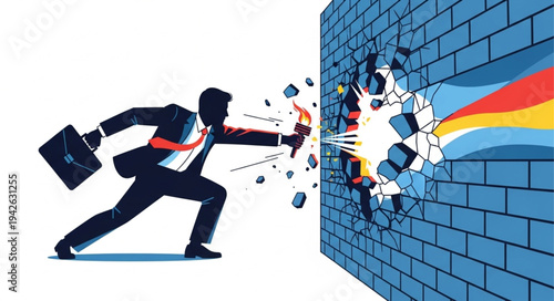 Businessman Breaking Through Brick Wall.