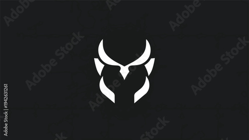 Minimalist white owl logo design on black background.