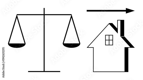 Law, real estate, property rights, housing market, legal contracts, decision-making. Balance scale beside a house with an arrow. Law and real estate are central to this visual