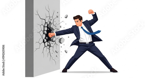 Businessman Breaking Through Concrete Wall.