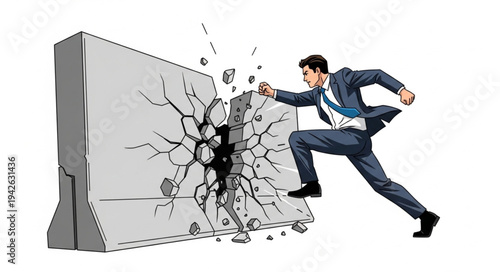 Businessman Breaking Through Concrete Wall.