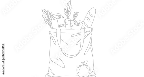 Continuous line drawing illustration of a reusable canvas tote bag filled with fresh groceries like milk, carrots, apple, and bread.