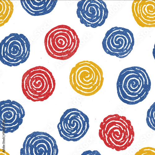 isolated clipart image of watercolor geometric spirals flowers red blue yellow handpainted repetitive pattern linocut vector icon monochrome simple logo fo