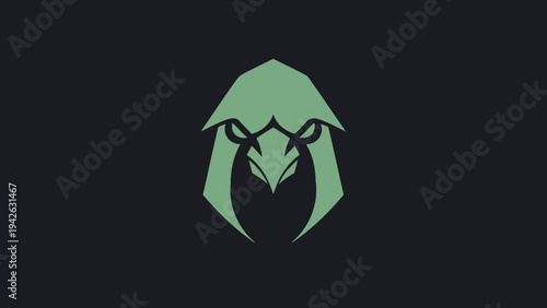 Mysterious Green Hooded Figure Emblematic Design.