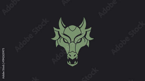 Mysterious Green Dragon Head Emblem on Dark Background.
