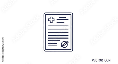Medical Document Icon with Cross and Signature.