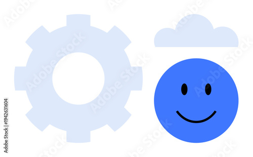 Innovation concept. Blue happy face combined with gear and cloud icons innovation blending technology and positivity. Innovation for teamwork, creativity, technology, positive mindset