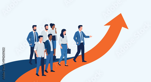 Diverse business team walking on an upward arrow symbolizing growth and success.