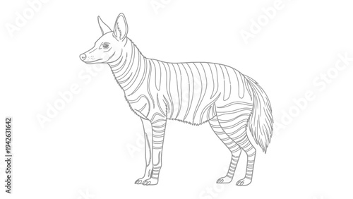 Aardwolf in Profile: A detailed line drawing of an Aardwolf, a unique member of the hyena family, showcasing its distinctive striped coat and slender build.