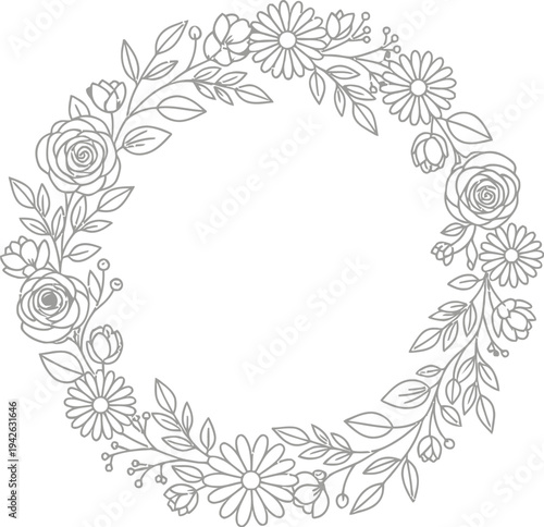 Elegant black and white floral wreath outline featuring delicate roses and daisies perfect for wedding invitations