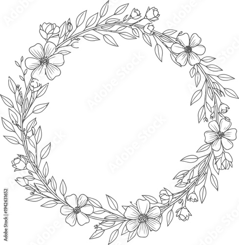 Elegant hand-drawn botanical wreath illustration with delicate wildflowers and leafy sprigs forming a beautiful circular frame ideal for design projects.