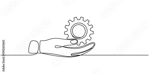 resource icon hand with gear continuous one line drawing, Premium Service Single Line Icon, Continuous Line Drawing of Engineering Icon. Hand Drawn Symbol Vector Illustration.