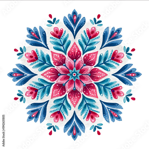 isolated clipart image of gouache floral folk geometric star red pink blue turquoise teal pattern tile vector icon monochrome simple logo for kids on a whi
