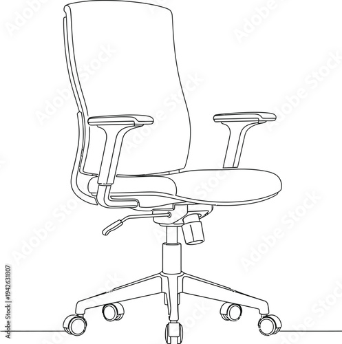 Minimalist line art drawing of an ergonomic office chair with adjustable features and rolling base for workspace design.