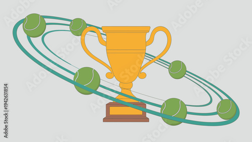 A golden trophy cup with green tennis balls orbiting around it in a playful illustration of achievement and sportsmanship