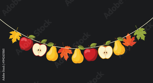 Festive colorful garland featuring autumn maple leaves red apples and yellow pears suspended from a string on a dark background.