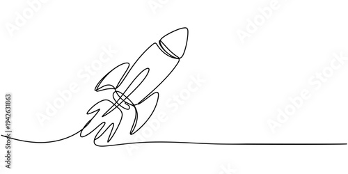 One continuous line art drawing of spacecraft. Rocket space ship launch vector illustration, Continuous line drawing of spaceship flying. Single line illustration of rocket spaceship launch, one line.