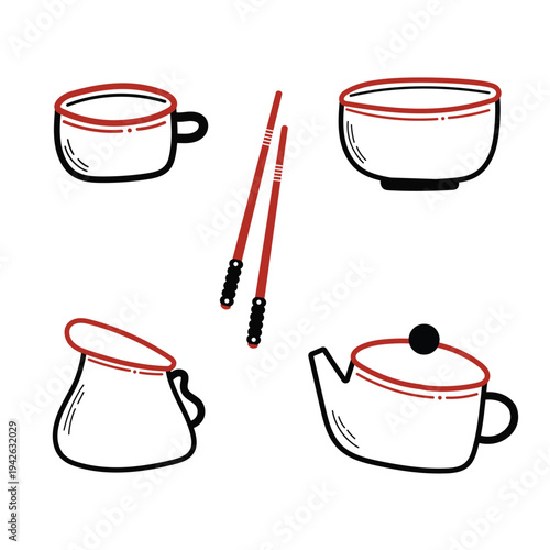 Japanese kitchen tableware set with teapot, bowl and cup