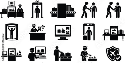 Airport Security and Border Control Icon Set Featuring Luggage X-Ray Scanning Metal Detectors and Passport Inspection Services