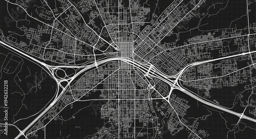Aerial View of City Streets and Infrastructure in Black and White.