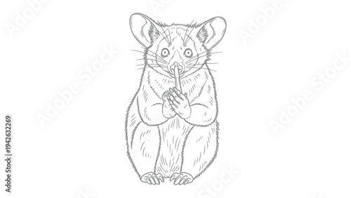 Curious Mouse Lemur: An adorable mouse lemur in a simple line drawing, staring intently with big eyes, holding a small object.
