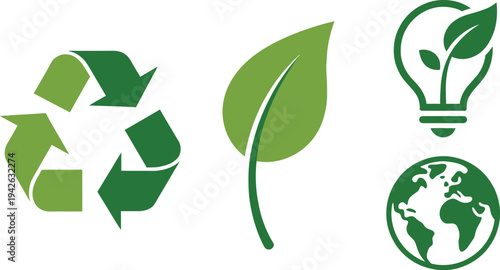 Green energy concept featuring a green eco icon and energy symbol with recycling arrows and a leaf to represent nature conservation and environmental protection in a circular vector illustration desig