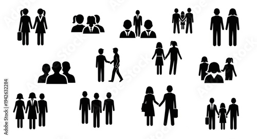 Diverse Group of People Silhouettes in Various Social Interactions.