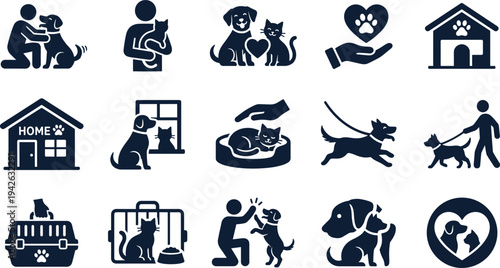 Professional Pet Care and Animal Welfare Icon Set Featuring Pet Adoption Dog Walking Grooming and Domestic Animal Shelter Services