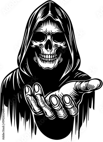 Grim Reaper extending open hand offering something, illustration of death reaching out