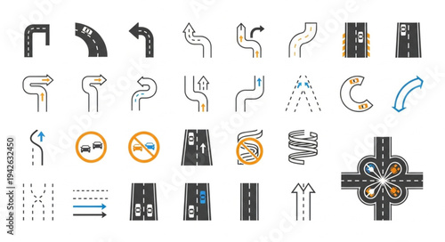 Road and Street Icons - Diverse Roadway Designs and Traffic Elements.