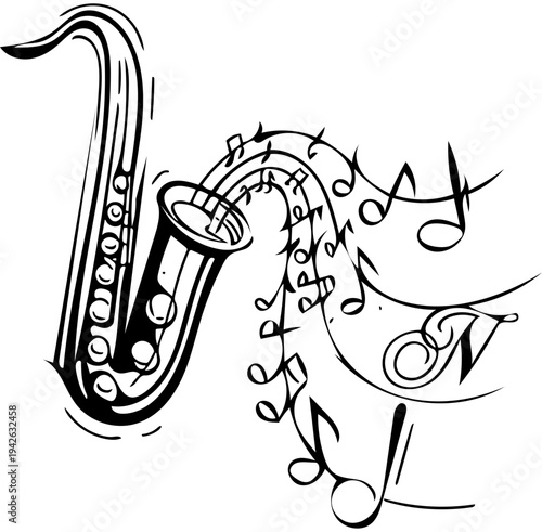 Dynamic black and white line art illustration featuring a classic saxophone with an energetic cascade of musical notes, symbolizing the vibrant spirit of melody and artistic sound