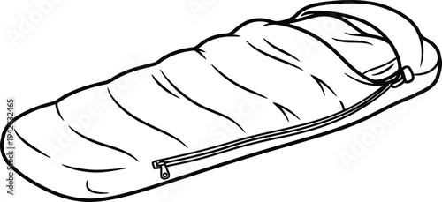 A simple black and white line drawing of a sleeping bag on a plain white background.