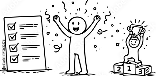 Simple hand-drawn illustration depicting joyful celebration of success and accomplishment, featuring a triumphant figure with confetti, a completed checklist, and a trophy winner on a podium
