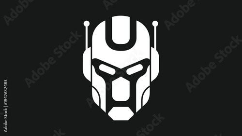 Minimalist White Robot Head Icon on Black Background.