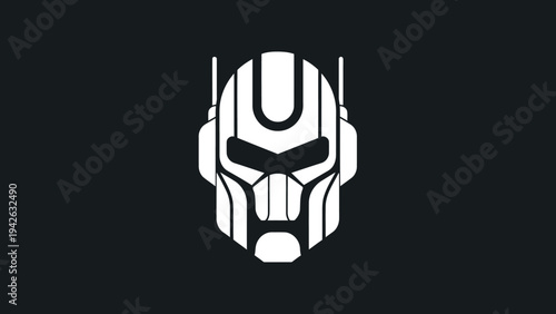 Minimalist White Robot Head Icon on Black Background.