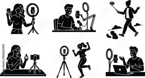 Professional Content Creator and Social Media Vlogger Icons Featuring Live Streaming Product Reviews and Mobile Video Recording