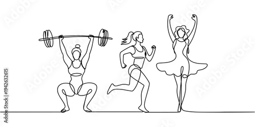 Single continuous line drawing a young woman poses while lifting dumbbell. As if there were muscles. Encouraging to be more active in sports. one line Icon drawing