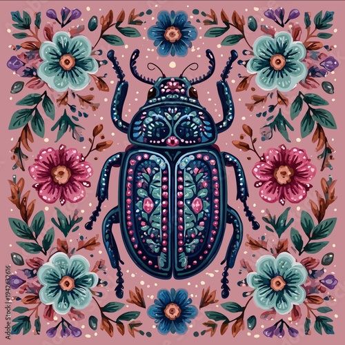 isolated clipart image of gouache floral folk geometric beetle red pink blue turquoise teal pattern tile vector icon monochrome simple logo for kids on a p