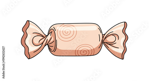 Delicious wrapped hard candy in peach color with spiral patterns on wrapper over simple white background.