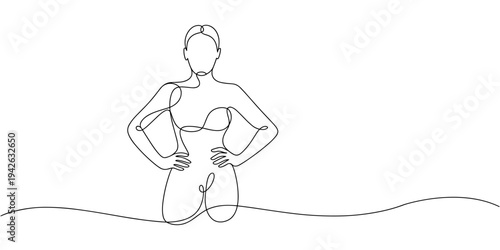 Single continuous line drawing a young woman poses while lifting dumbbell. As if there were muscles. Encouraging to be more active in sports. one line Icon drawing