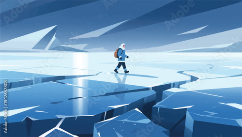 Illustration Of An Adventurer Walking On A Vast Ice Field With Large Cracks Vector Design Template