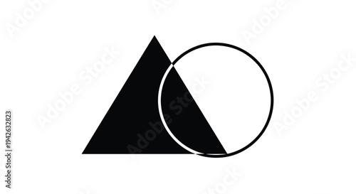 Abstract geometric composition featuring solid black triangle overlapping white circle with thick black outline.