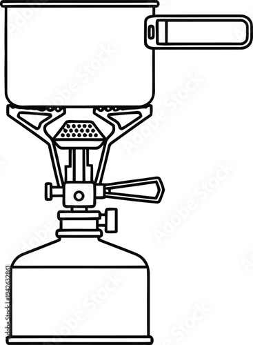 A simple line drawing of a camping stove with a pot on top and a fuel tank below.