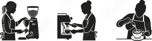 Professional Female Barista Silhouettes Grinding Coffee Beans Operating Espresso Machine and Creating Latte Art