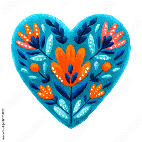 isolated clipart image of watercolor bright Hot Bright Turquoise Electric Orange colorful otomi heart vector icon monochrome black and white simple