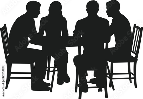 Business people discussion silhouettes around table, corporate meeting collaboration communication planning teamwork strategy, professional workplace negotiation conversation concept illustration