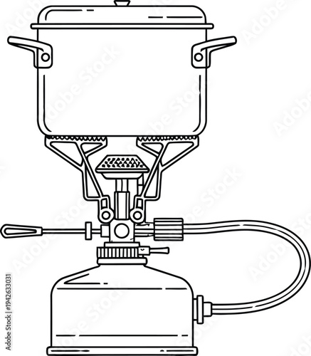 A technical drawing of a camping stove with a pot and fuel tank.